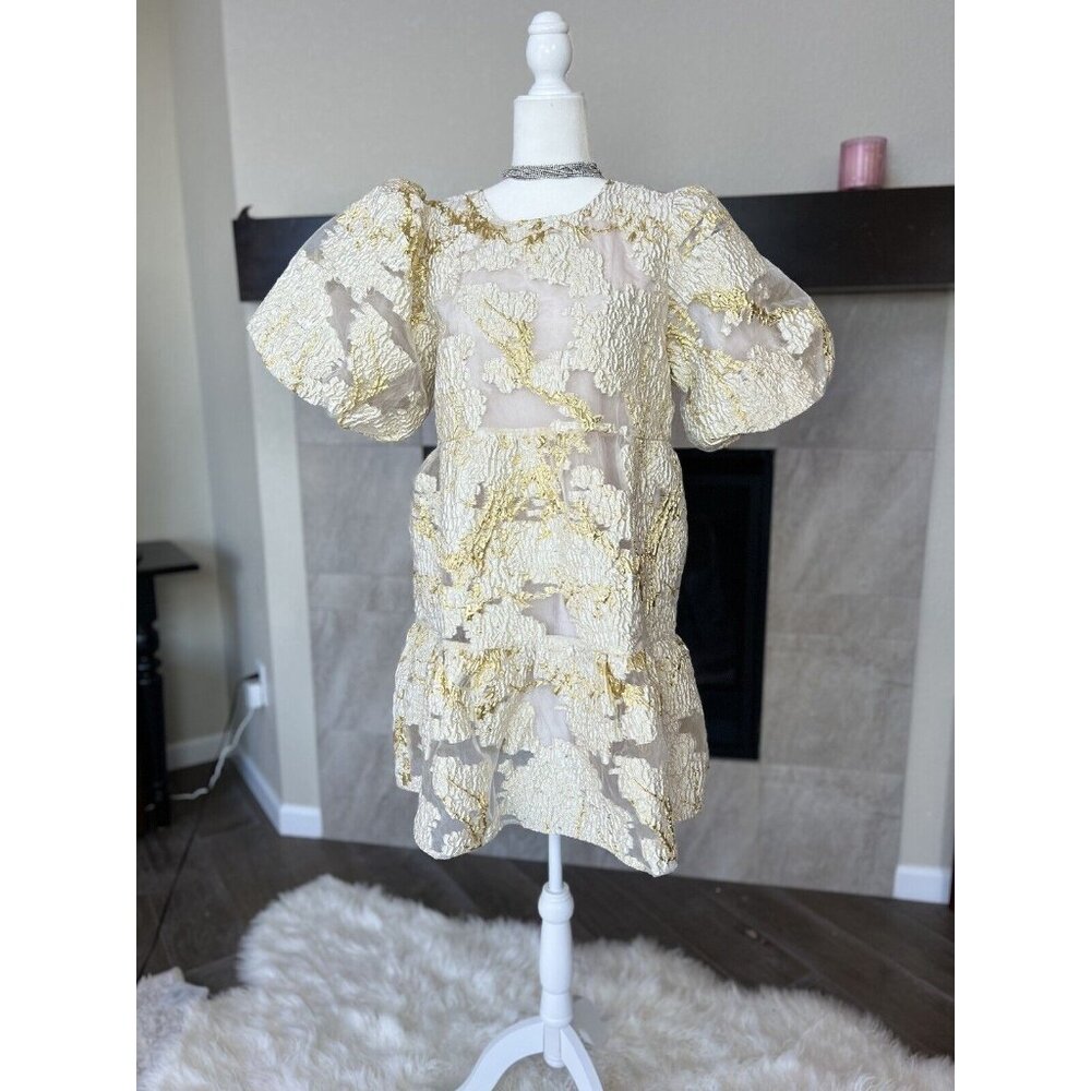 Anthropologie THML Gold White Puff Sleeve  Dress NEW Large SHOWER Wedding